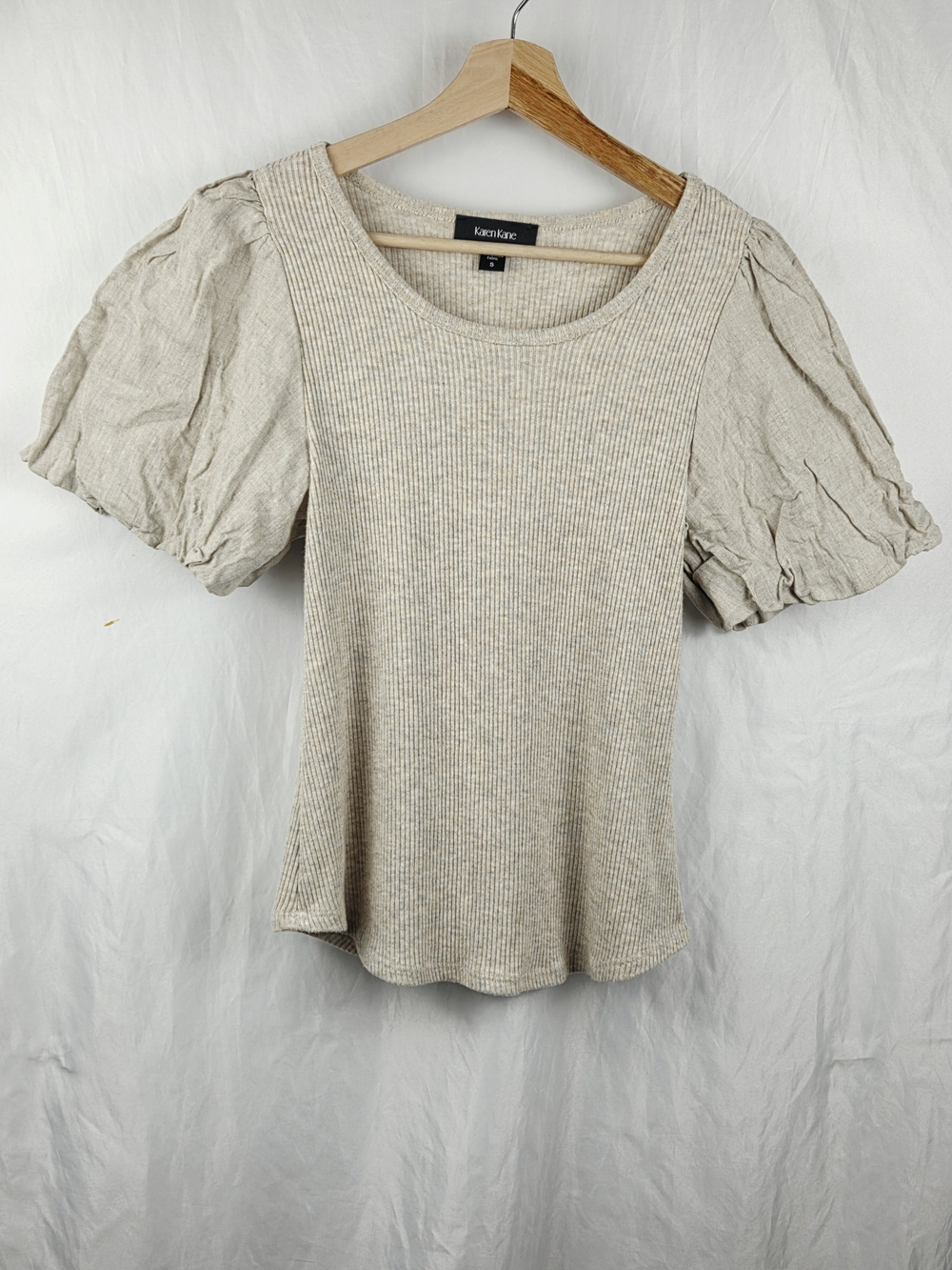 Karen Kane Puff Sleeve Ribbed Knit Top in Oatmeal Size Small